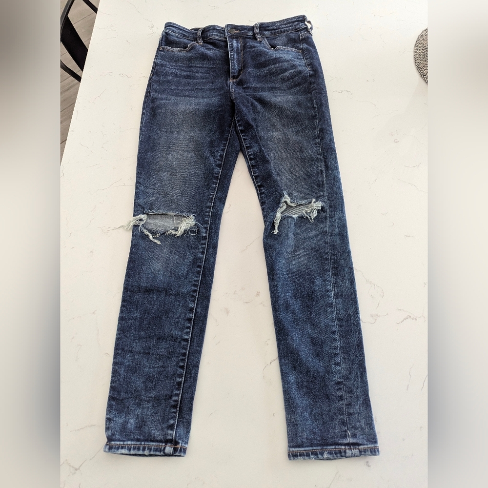 American Eagle Outfitters Dark Indigo High-Rise Distressed Skinny Jeans